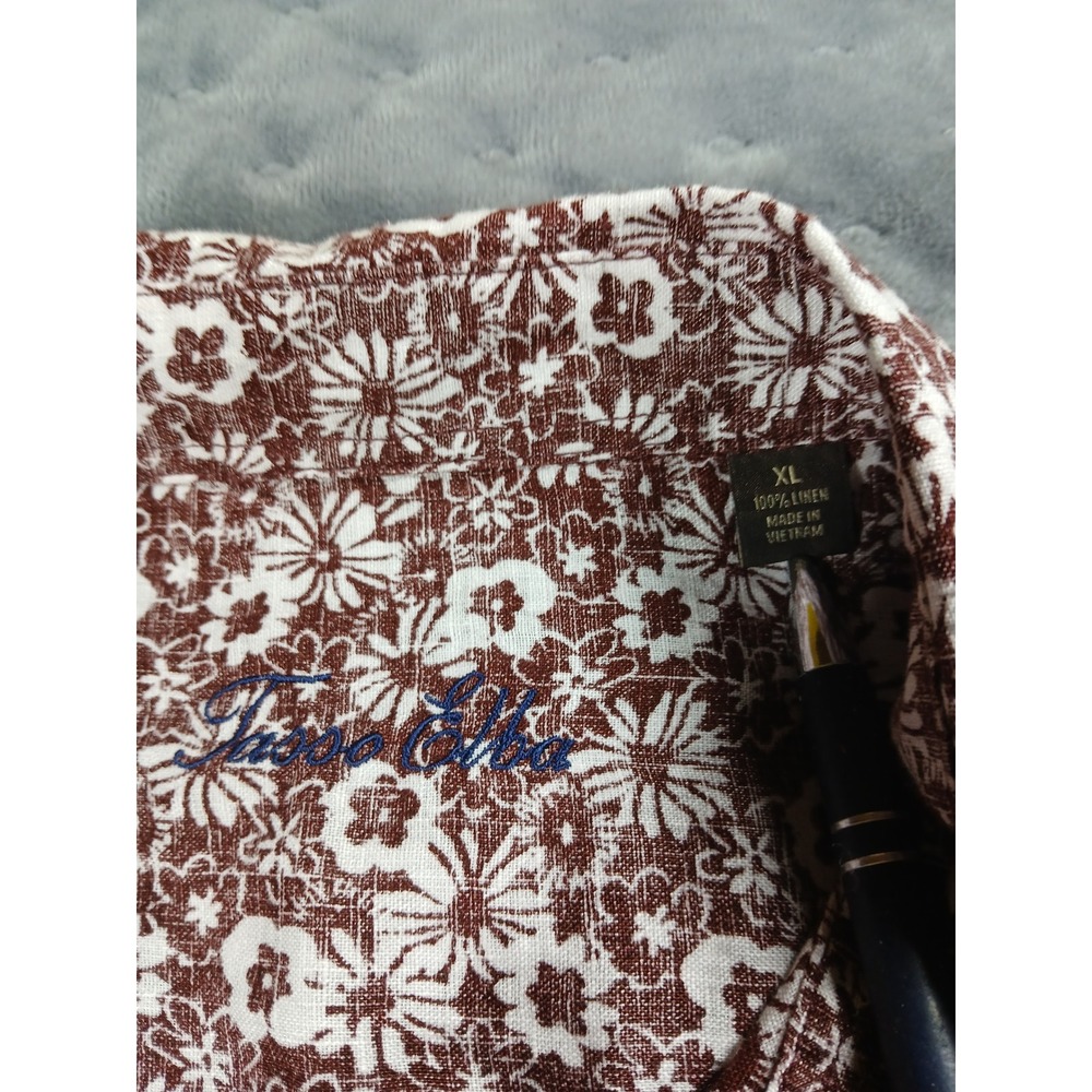Tasso Elba Mens XL Brown White Floral Linen Long Sleeve Button Up Shirt - Picture 2 of 6